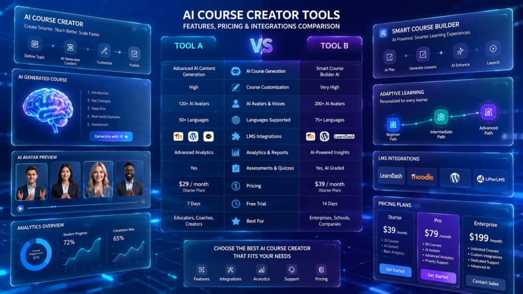 AI Course Creator Tools Comparison 2026: Which Platform Actually Wins? AI Course Creator Tools Comparison 2026 feature and pricing comparison dashboard