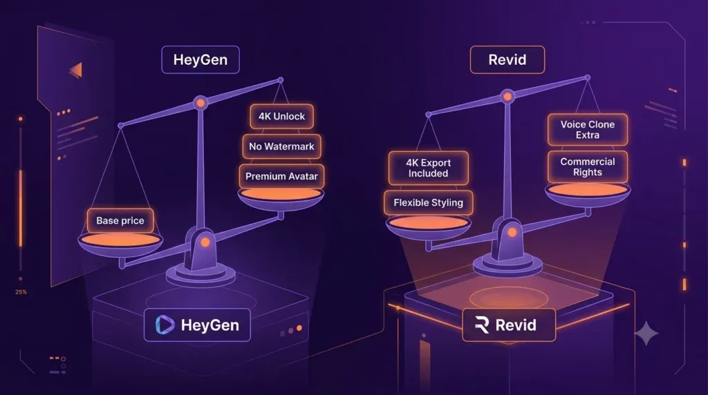 Digital infographic balance scale comparing the base costs and premium add-on upgrades of AI video generator platforms