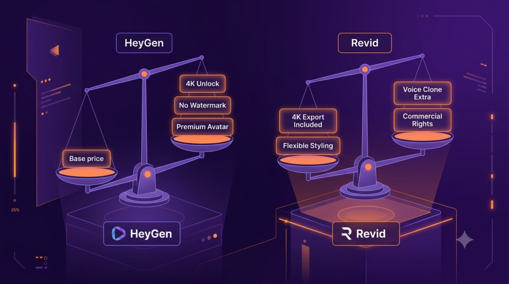 Digital infographic balance scale comparing the base costs and premium add-on upgrades of AI video generator platforms