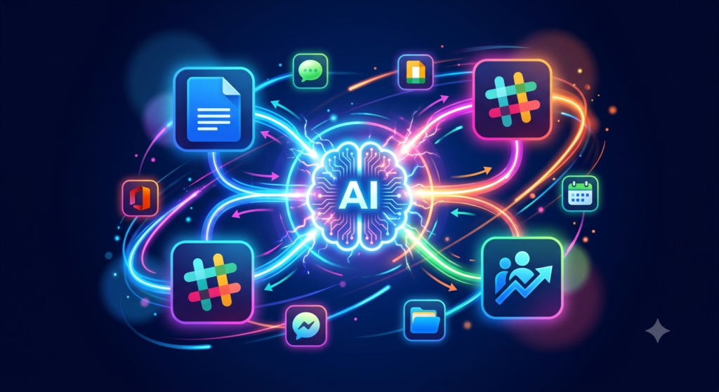 Free AI Tools for Marketing: The Complete 2026 Guide to Growing Your Brand Without Spending a Fortune A digital abstract illustration visualizing how free AI marketing tools seamlessly integrate with existing software platforms like Slack, Google Docs, and CRMs.