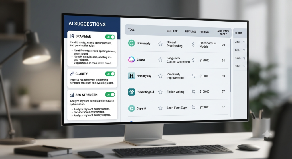 A digital interface mockup displaying a side-by-side comparison of different AI content refinement tools and their specific features.