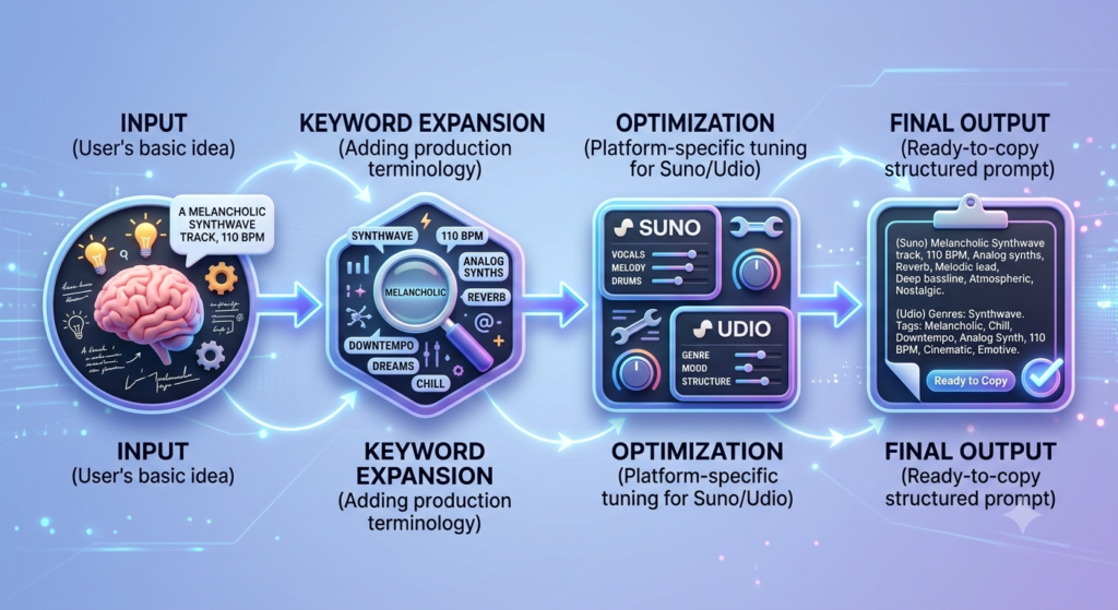 Step by step workflow of an AI musician prompt generator tool