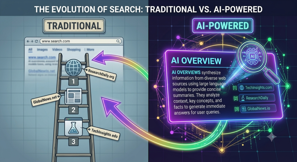 AI Overviews Rank Checker: The Complete Guide to Tracking Your Rankings in Google's AI-Powered Search Results An illustrative comparison showing the difference between tracking traditional, static keyword rankings (ladder) versus modern, cited AI Overview visibility.