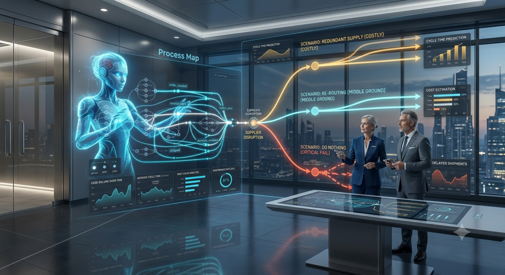 Agentic AI assistant projecting a predictive "What-If" workflow simulation for strategic planning.