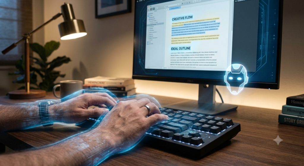 A close-up shot of hands typing on a keyboard with a subtle blue holographic overlay symbolizing AI collaboration in a home office.