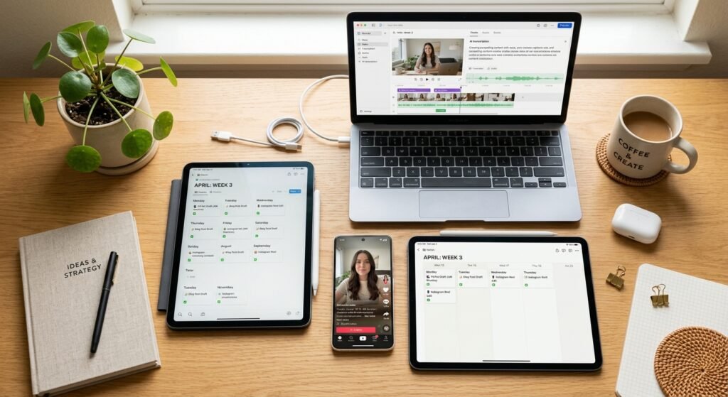 Organized content creator workspace layout with a content calendar and AI video editing software for workflow automation.