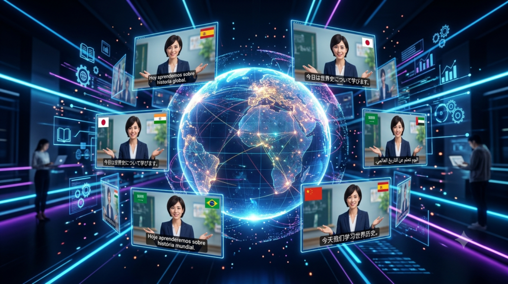 Reviews of AI Avatar Tools for Educational Content: The Complete 2026 Guide A digital globe surrounded by screens of an AI avatar teaching in multiple languages, illustrating the global reach of e-learning tools.