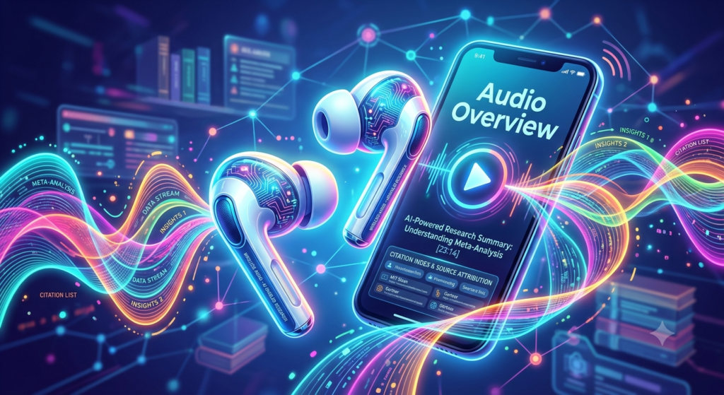 Free AI Tools for Marketing: The Complete 2026 Guide to Growing Your Brand Without Spending a Fortune A conceptual image showing high-quality AI-generated audio waves emerging from a smartphone, visualizing the unique Audio Overview feature in Notebook LM.