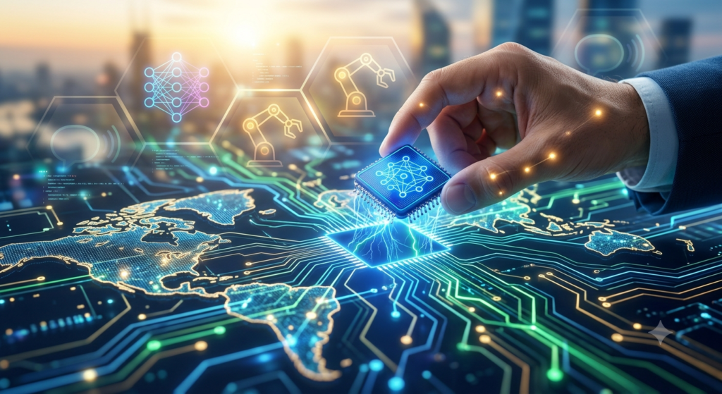 "A modern conceptual illustration of a professional carefully integrating a glowing AI component into a large business strategy puzzle, representing careful AI implementation and planning based on Droven.io's best practices."