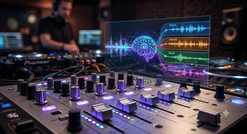 An artistic close-up of AI-powered music stem separation technology within a digital audio workspace, showing vocals and drums being isolated from a track.
