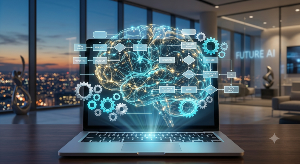 Conceptual futuristic visualization of agentic AI systems and advanced workflow automation for businesses.