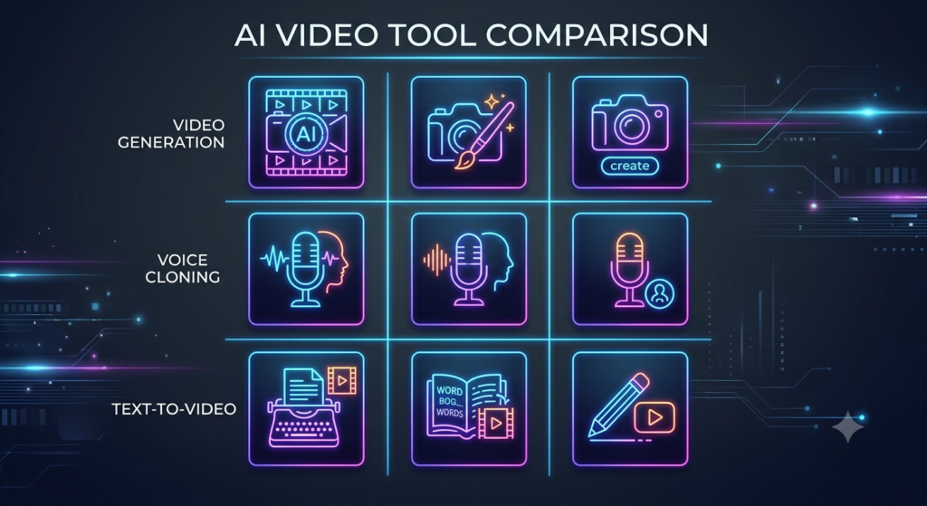  Comparison concept of different text-to-video AI tools and voice cloning software.