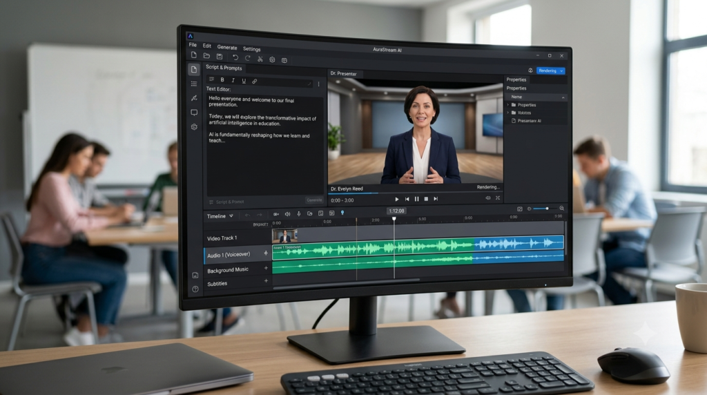 Reviews of AI Avatar Tools for Educational Content: The Complete 2026 Guide A dashboard interface of an AI video generator tool showing a text script being converted into a video with a virtual presenter.