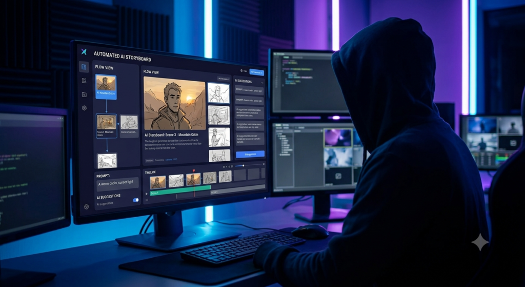 Silhouette of a faceless content creator using automated AI storyboarding tools in a modern studio.