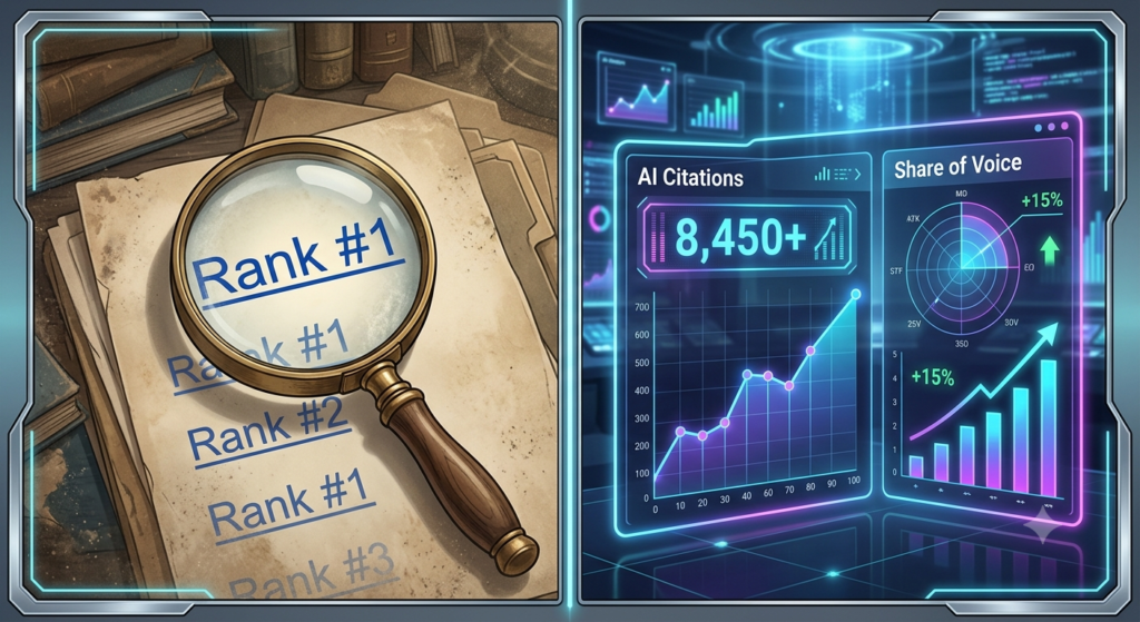 Conceptual split-screen showing traditional SEO rank tracking versus modern AI Overview citation tracking.