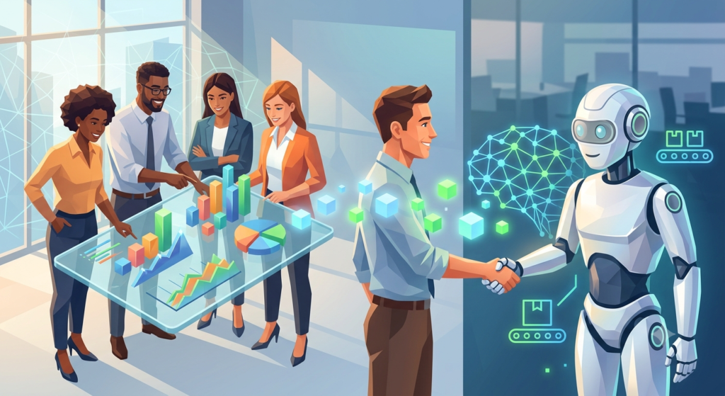 "A modern conceptual illustration depicting a successful partnership between human professionals and artificial intelligence, showcasing the balance required for effective AI-driven digital transformation based on Droven.io's educational insights."