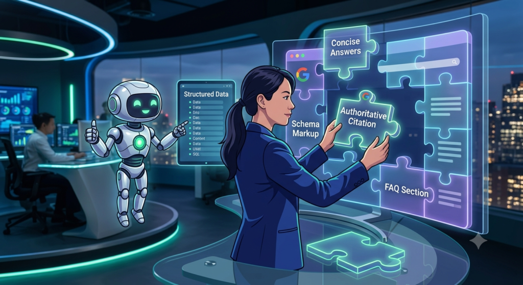 A conceptual illustration of a content creator assembling a webpage with specific components labeled "Concise Answers," "Schema Markup," "Authoritative Citation," and "FAQ Section" to optimize for AI.