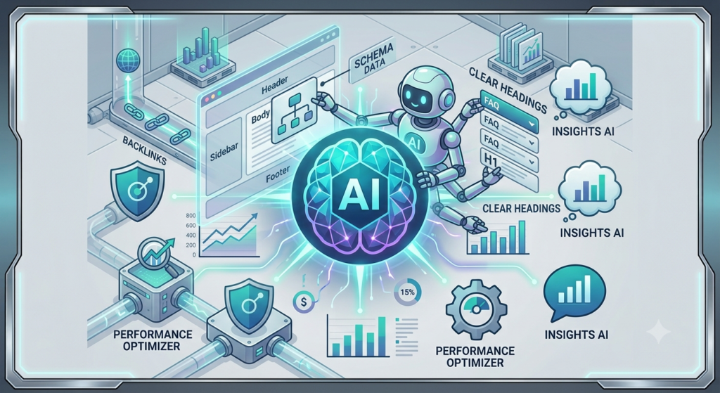 Infographic-style illustration showing content optimization techniques for Google AI Overview citations.