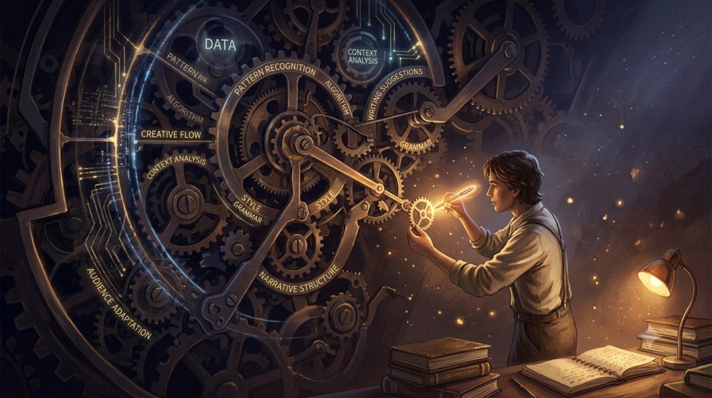 A conceptual digital illustration showing a human writer holding a glowing pen, refining the intricate clockwork mechanism of an AI algorithm.