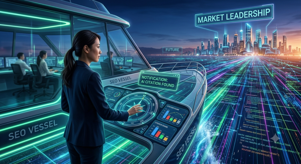 A forward-looking illustration of a digital marketer at the helm of a futuristic boat navigating through a data stream toward a distant city, symbolizing a business gaining market leadership in 2026 through AI Overview rank tracking.