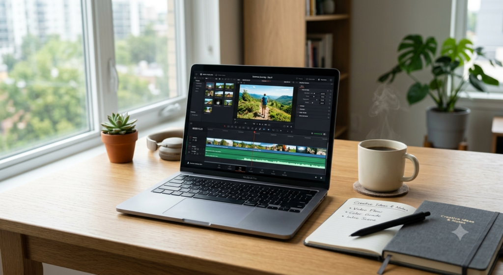 A modern workspace showing content editing software open on a laptop screen, representing the process of choosing the right digital creation tools."