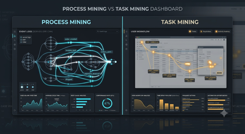 A conceptual UI dashboard comparing AI process mining data logs and desktop task mining activity.