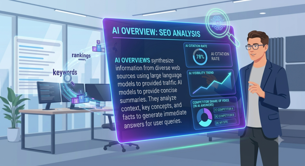 AI Overviews Rank Checker: The Complete Guide to Tracking Your Rankings in Google's AI-Powered Search Results A visual dashboard of an AI Overviews Rank Checker tool showing metrics like citation rate and competitor analysis graphs.