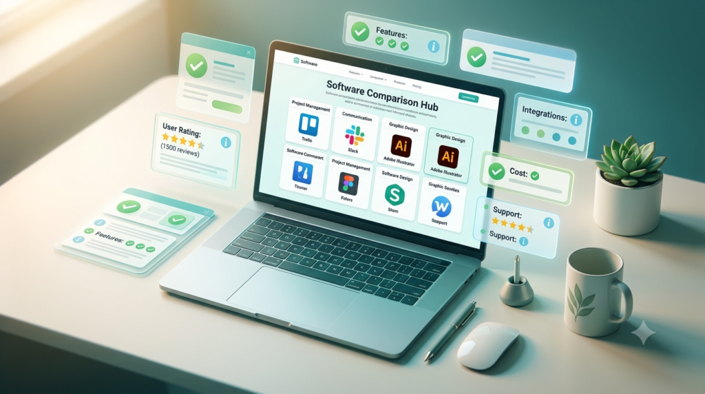 Modern workstation showing AI tool discovery and comparison features.