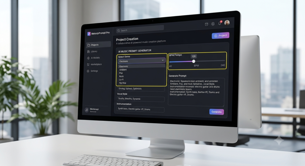 Dashboard interface mockup of AI music prompt makers like PromptTune and MelodyPrompt