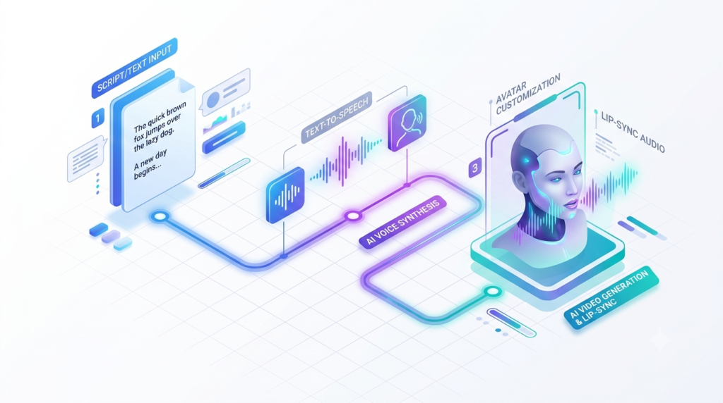 Step by step workflow of AI voice cloning and lip-sync technology for video creation.