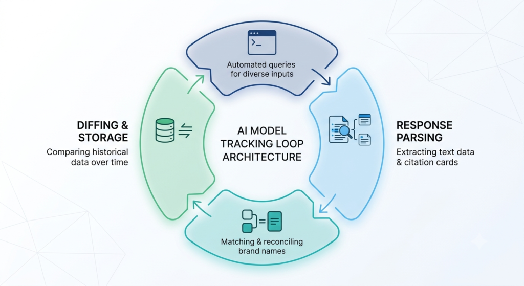 Rank Tracker Tool AI Mode: The Complete 2026 Guide to Tracking Your Brand in Google's AI Mode A 4-step workflow diagram explaining how an AI mode rank tracker tools executes prompts, parses responses, resolves entities, and stores data.