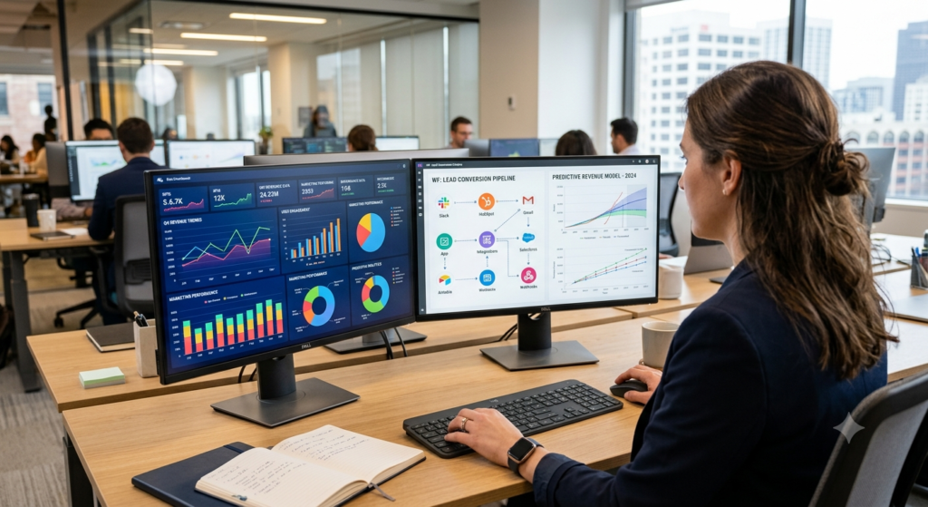 Modern US office workspace displaying automated business workflows and data analytics dashboards on dual monitors.