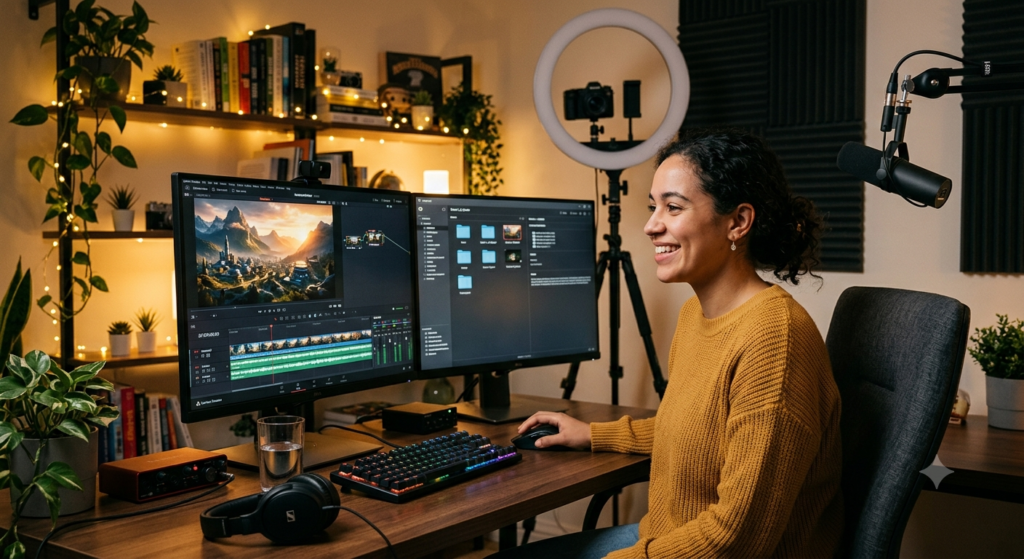 A digital content creator safely and responsibly editing a political parody video maker project.
