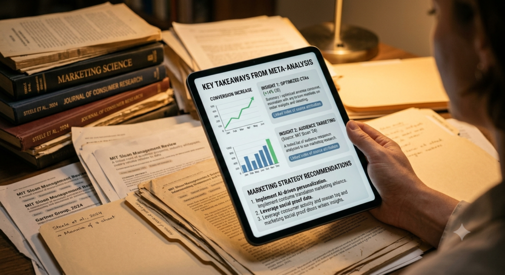 Free AI Tools for Marketing: The Complete 2026 Guide to Growing Your Brand Without Spending a Fortune A close-up of a tablet displaying marketing insights derived from academic research, representing the core value of the Elicit AI tool.