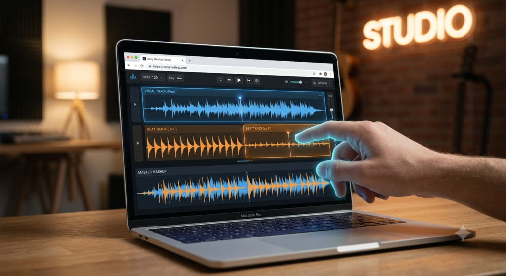 A close-up view of a laptop displaying a user-friendly online song mashup creator software interface, showing vocals and beat tracks merging.
