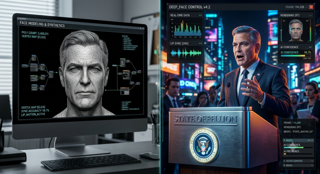 Realistic AI video generator interface creating a digital avatar of a public figure.