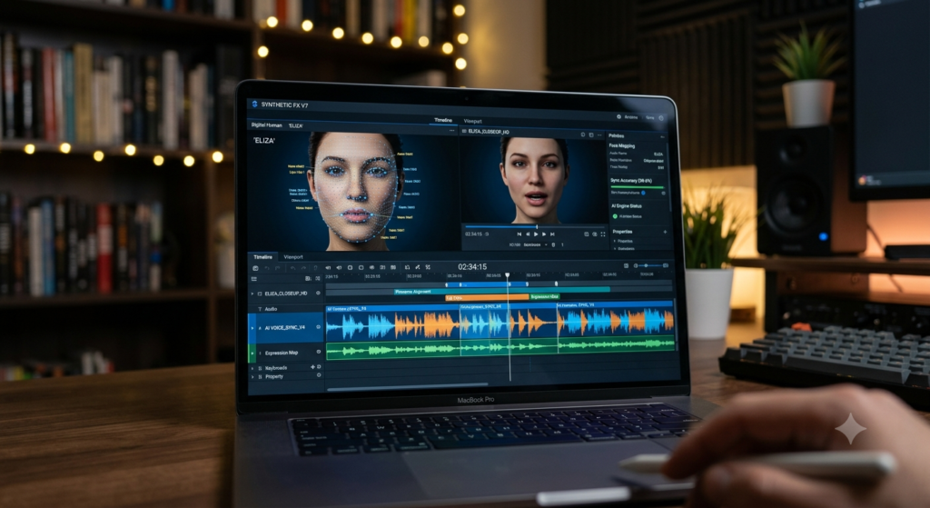 Advanced deepfake software interface demonstrating facial motion tracking and lip-sync technology.