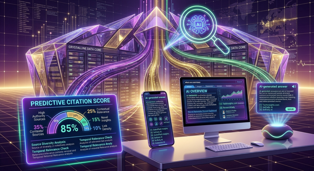 AI Overviews Rank Checker: The Complete Guide to Tracking Your Rankings in Google's AI-Powered Search Results A futuristic illustration showing cross-platform AI tracking and predictive scores for visibility in AI-generated answers across devices.