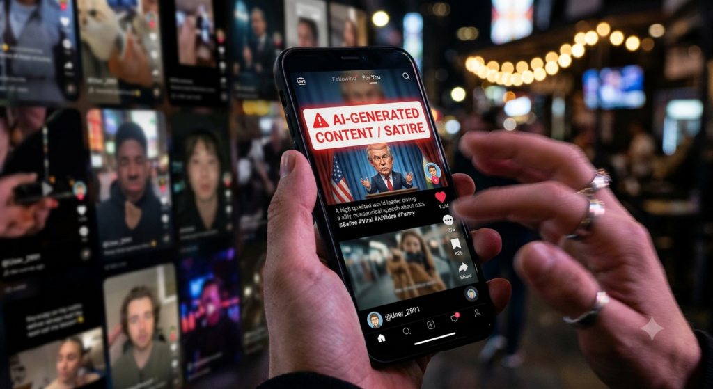 Smartphone displaying a social media video with a mandatory AI-generated content warning label.