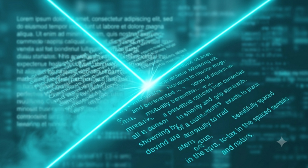 A graphic illustration of a laser beam sharpening blurry, confusing text into clear, readable paragraphs, symbolizing AI content optimization.
