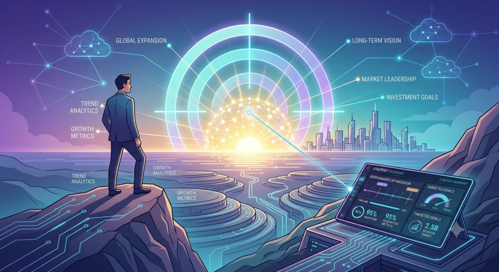 Conceptual art of a marketer looking towards a digital sunrise, representing strategic growth and clear business vision.