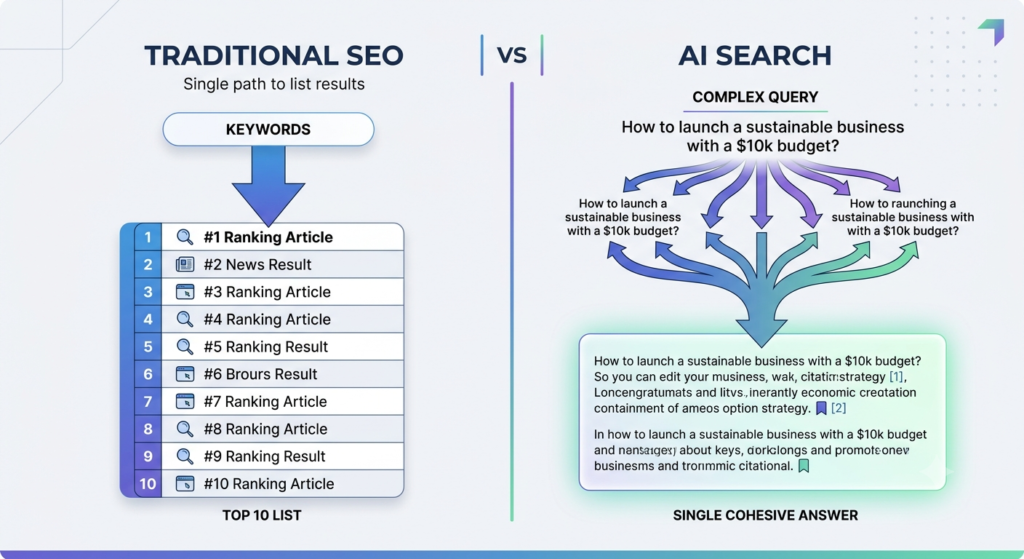 AI Mode SEO Tools in 2026: Complete Comparison & Buying Guide An infographic diagram explaining query fan-out by comparing a linear traditional SEO ranking list to an AI search engine breaking down a prompt into sub-queries.