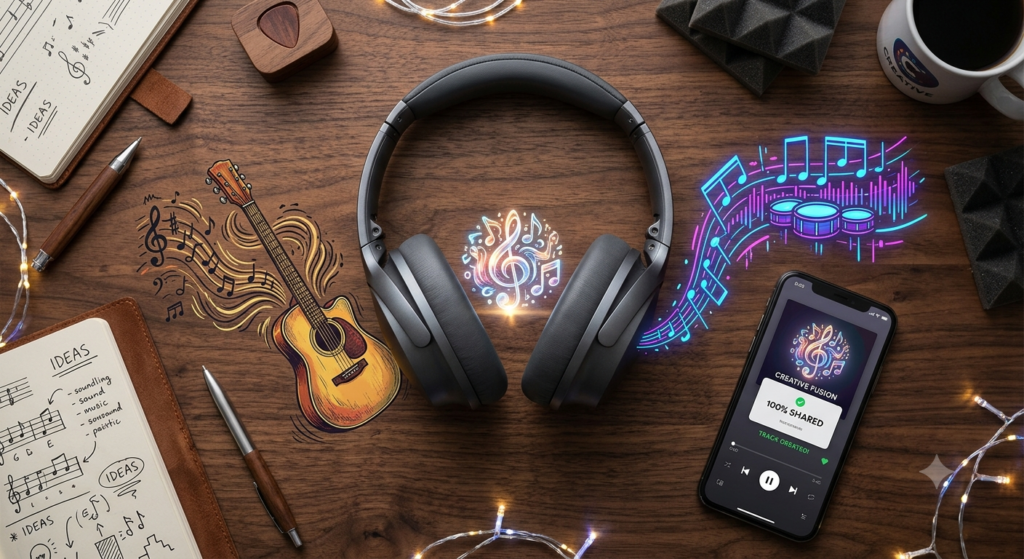 A creative flat lay photograph of headphones on a desk, visually representing the final, satisfying blend of a completed music mashup project.