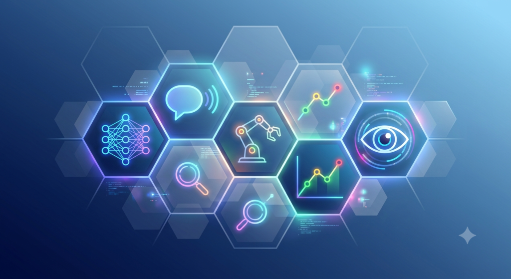 "A graphic collage displaying icons for core AI technologies like Machine Learning, Natural Language Processing, and RPA, illustrating the concepts covered in Droven.io's educational content on AI-driven transformation."
