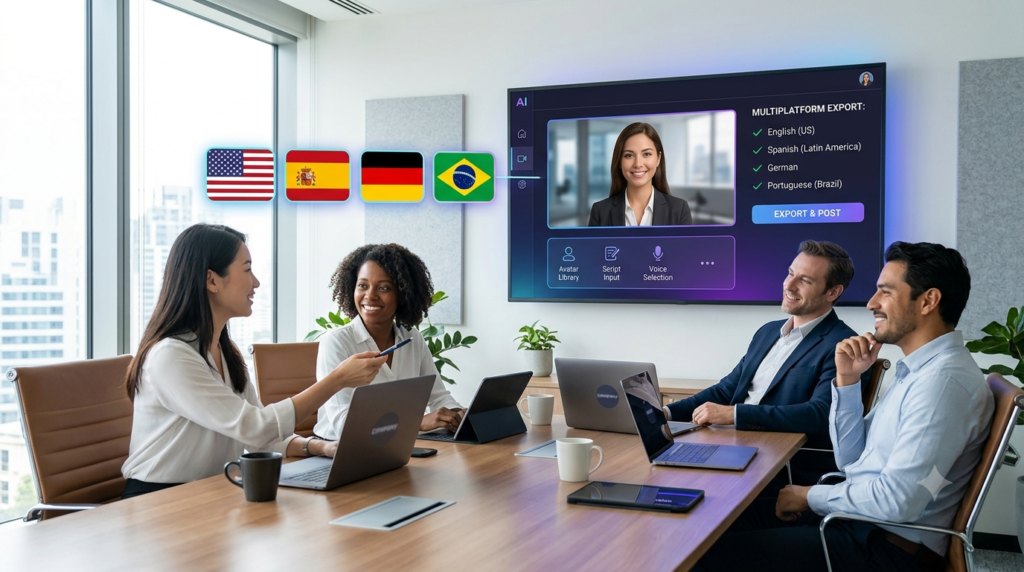Marketing team using AI video creation tools to scale global ad campaigns in multiple languages.