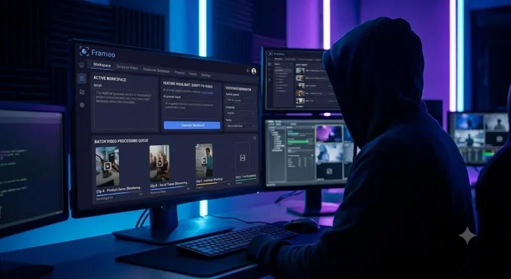 AI video editor dashboard showing batch video processing and script-to-video workflow features.