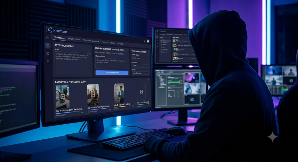 AI video editor dashboard showing batch video processing and script-to-video workflow features.