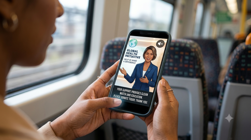Top AI Avatar Tools for Nonprofit Fundraising Videos iN 2026 A person viewing an AI avatar fundraising video with captions enabled on a mobile phone screen while on the go.