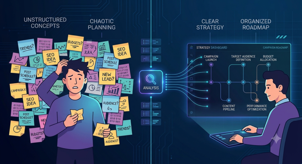A split-screen illustration contrasting marketing data confusion with a clear, organized digital strategy roadmap.