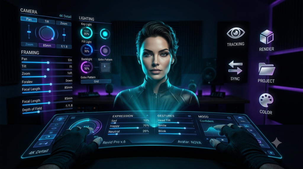 A futuristic video editing dashboard showing cinematic 4K AI avatar controls for lighting and framing styling